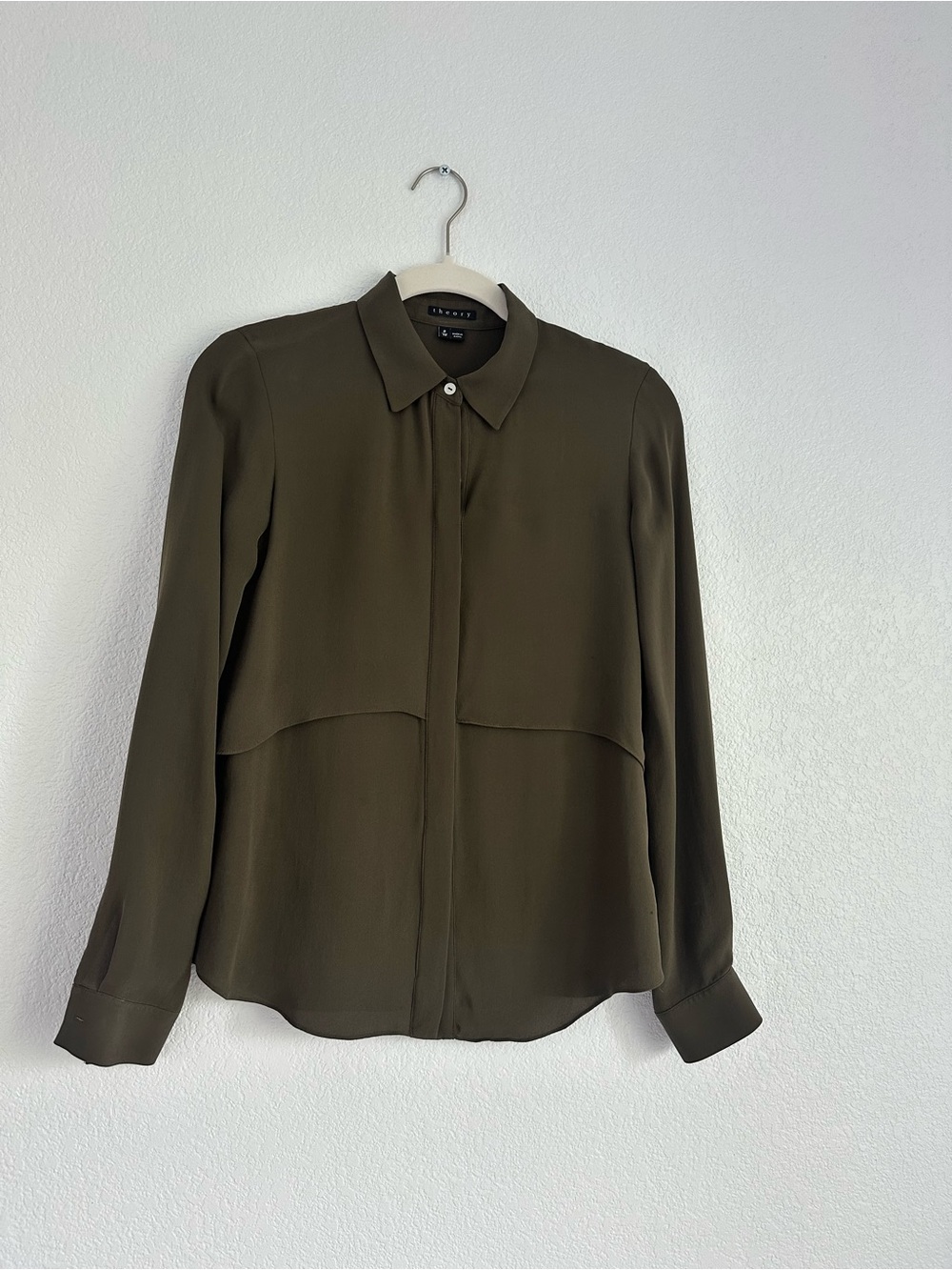 Theory Olive Green Silk Button-Down Blouse